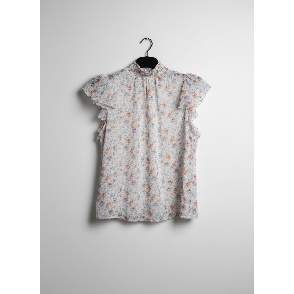 1. State Floral Smocked Mock Neck Ruffle Sleeve Blouse Lavender‎ Peach Cottage